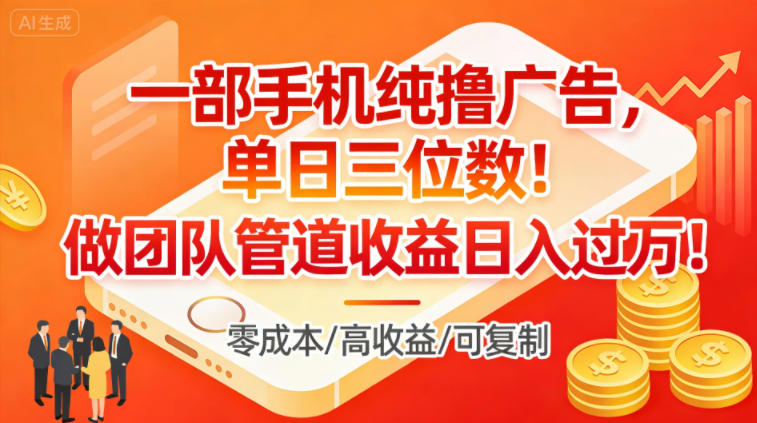 一部手机纯撸广告，单日三位数，做团队管道收益日入过1W牛品源码-源码下载-源码社区-zblog主题插件-PHP源码-三合一源码-直播源码-短视频源码-APP源码-即时通讯-源码-交友源码牛品源码