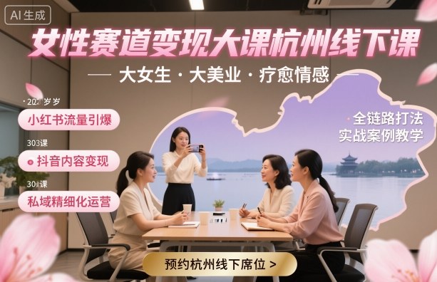 女性赛道变现大课杭州线下，大女生，大美业，疗愈情感，一套小红书、抖音、私域全链路打法牛品源码-源码下载-源码社区-zblog主题插件-PHP源码-三合一源码-直播源码-短视频源码-APP源码-即时通讯-源码-交友源码牛品源码