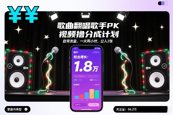 歌曲翻唱歌手PK视频撸分成计划,自带流量,一天两小时,日入2张牛品源码-源码下载-源码社区-zblog主题插件-PHP源码-三合一源码-直播源码-短视频源码-APP源码-即时通讯-源码-交友源码牛品源码