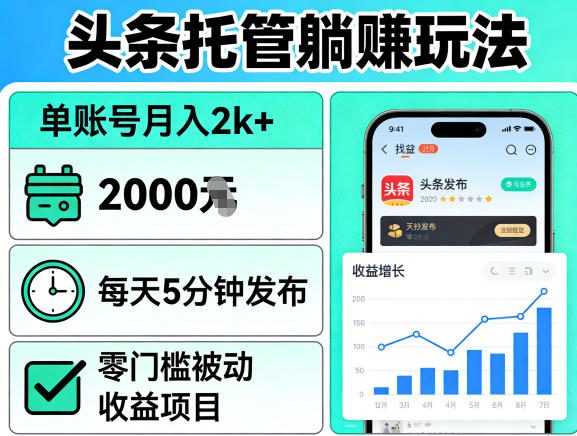 头条托管躺賺玩法，单账号月入2k+，每天5分钟发布即可，零门槛被动收益项目【揭秘】牛品源码-源码下载-源码社区-zblog主题插件-PHP源码-三合一源码-直播源码-短视频源码-APP源码-即时通讯-源码-交友源码牛品源码