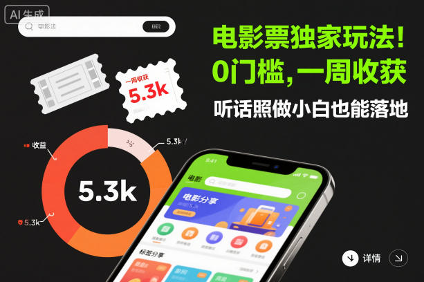 电影票独家玩法！0门槛，一周收获5.3k，听话照做小白也能落地【揭秘】牛品源码-源码下载-源码社区-zblog主题插件-PHP源码-三合一源码-直播源码-短视频源码-APP源码-即时通讯-源码-交友源码牛品源码