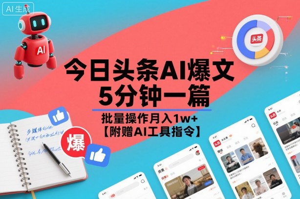 今日头条AI爆文,5分钟一篇,批量操作月入1w+【附赠AI工具指令】牛品源码-源码下载-源码社区-zblog主题插件-PHP源码-三合一源码-直播源码-短视频源码-APP源码-即时通讯-源码-交友源码牛品源码