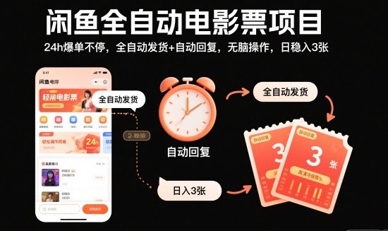 闲鱼全自动电影票项目,24h爆单不停,全自动发货+自动回复,无脑操作,日稳入3张【揭秘】牛品源码-源码下载-源码社区-zblog主题插件-PHP源码-三合一源码-直播源码-短视频源码-APP源码-即时通讯-源码-交友源码牛品源码