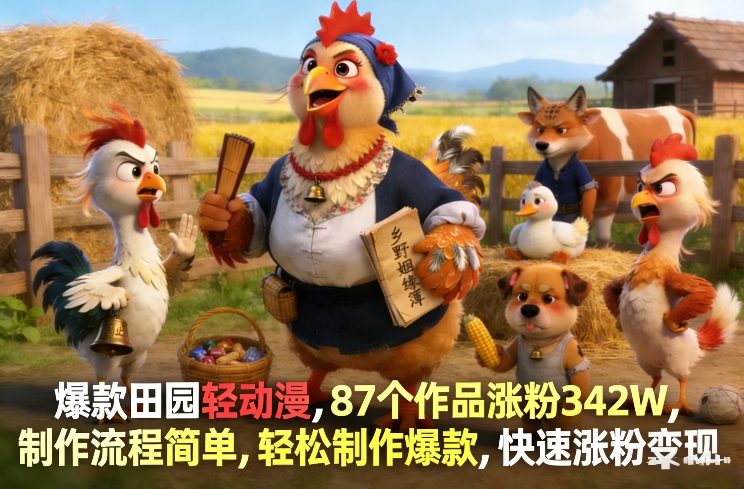 爆款田园轻动漫，87个作品涨粉342W，制作流程简单，轻松制作爆款，快速涨粉变现牛品源码-源码下载-源码社区-zblog主题插件-PHP源码-三合一源码-直播源码-短视频源码-APP源码-即时通讯-源码-交友源码牛品源码