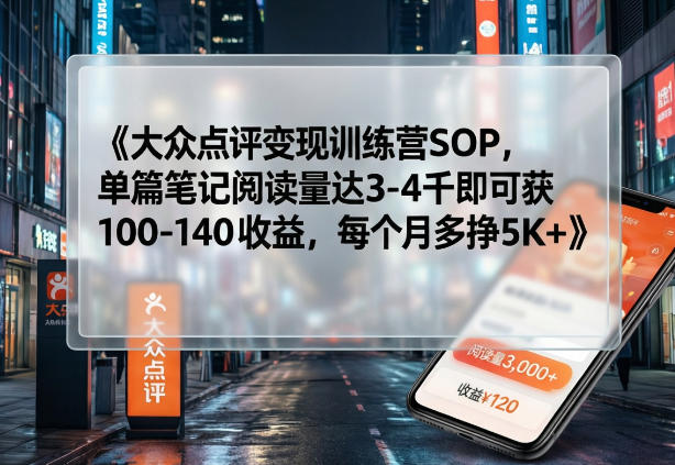 大众点评变现训练营SOP,单篇笔记阅读量达3-4千即可获100-140收益,每个月多挣5K+牛品源码-源码下载-源码社区-zblog主题插件-PHP源码-三合一源码-直播源码-短视频源码-APP源码-即时通讯-源码-交友源码牛品源码