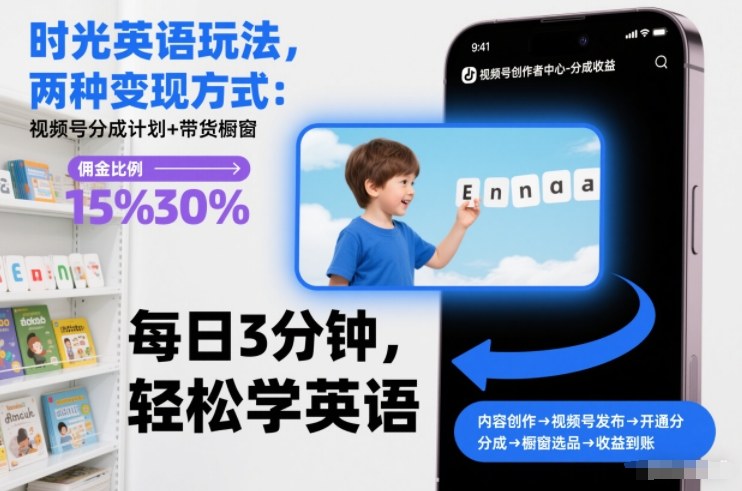 时光英语玩法,两种变现方式:视频号分成计划+带货橱窗牛品源码-源码下载-源码社区-zblog主题插件-PHP源码-三合一源码-直播源码-短视频源码-APP源码-即时通讯-源码-交友源码牛品源码