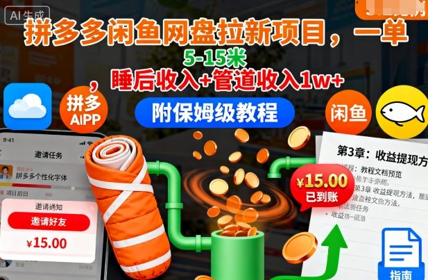 拼多多闲鱼网盘拉新项目,一单5-15米,睡后收入+管道收入1w+(附保姆级教程)牛品源码-源码下载-源码社区-zblog主题插件-PHP源码-三合一源码-直播源码-短视频源码-APP源码-即时通讯-源码-交友源码牛品源码