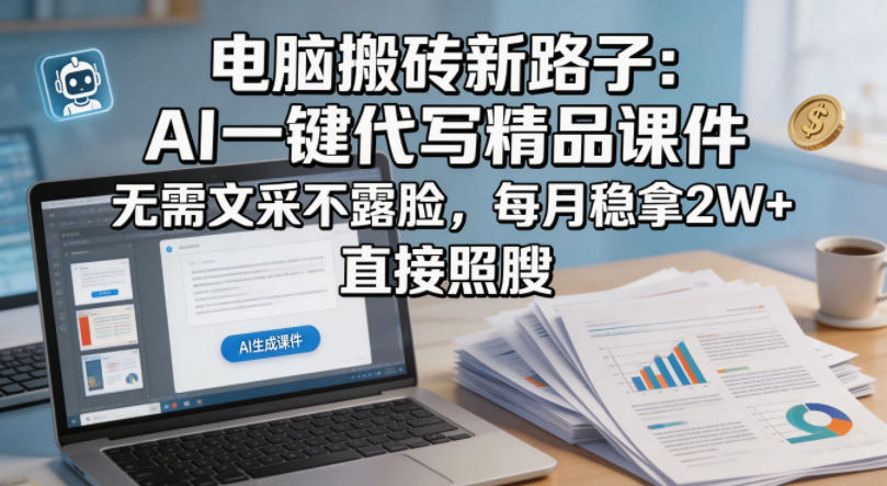 电脑搬砖新路子：AI一键代写精品课件，无需文采不露脸，每月稳拿2W+，直接照搬牛品源码-源码下载-源码社区-zblog主题插件-PHP源码-三合一源码-直播源码-短视频源码-APP源码-即时通讯-源码-交友源码牛品源码