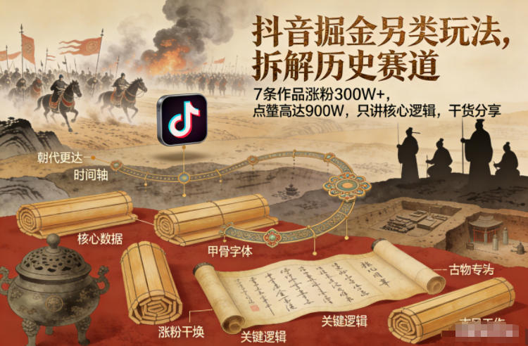抖音掘金另类玩法,拆解历史赛道,7条作品涨粉300W+,点赞量高达900W,只讲核心逻辑,干货分享牛品源码-源码下载-源码社区-zblog主题插件-PHP源码-三合一源码-直播源码-短视频源码-APP源码-即时通讯-源码-交友源码牛品源码