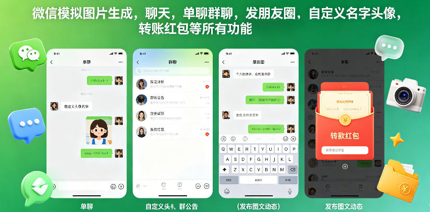 微信模拟图片生成，聊天，单聊群聊，发朋友圈，自定义名字头像，转账红包等所有功能都可以生成牛品源码-源码下载-源码社区-zblog主题插件-PHP源码-三合一源码-直播源码-短视频源码-APP源码-即时通讯-源码-交友源码牛品源码