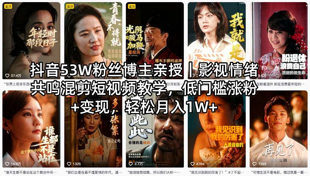 抖音53W粉丝博主亲授｜影视情绪共鸣混剪短视频教学，低门槛涨粉+变现，轻松月入1W+牛品源码-源码下载-源码社区-zblog主题插件-PHP源码-三合一源码-直播源码-短视频源码-APP源码-即时通讯-源码-交友源码牛品源码